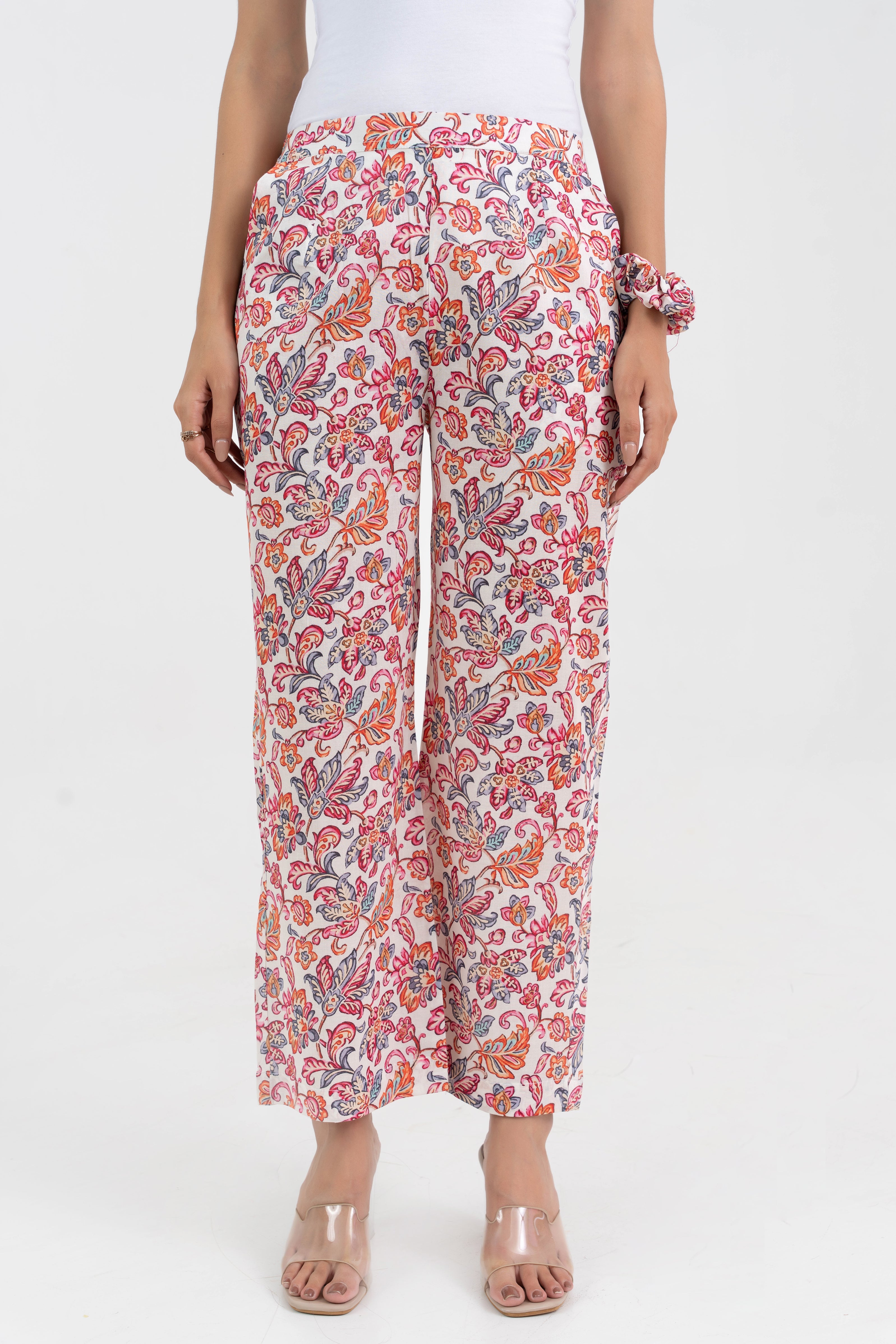 Off White Floral Printed Pure Cotton Pant GulaboSitabo