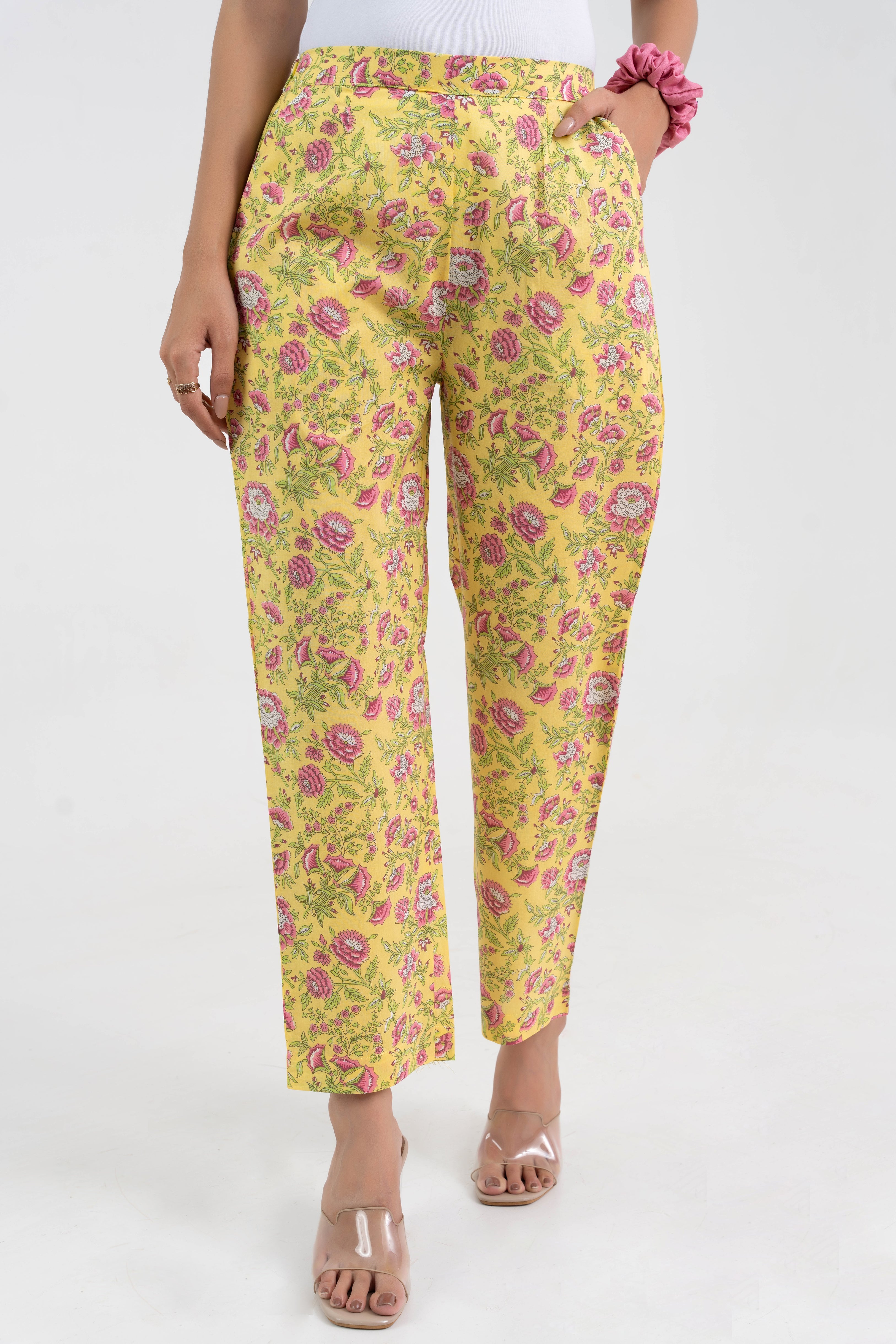 Yellow Block Printed Floral Pure Cotton Pant GulaboSitabo