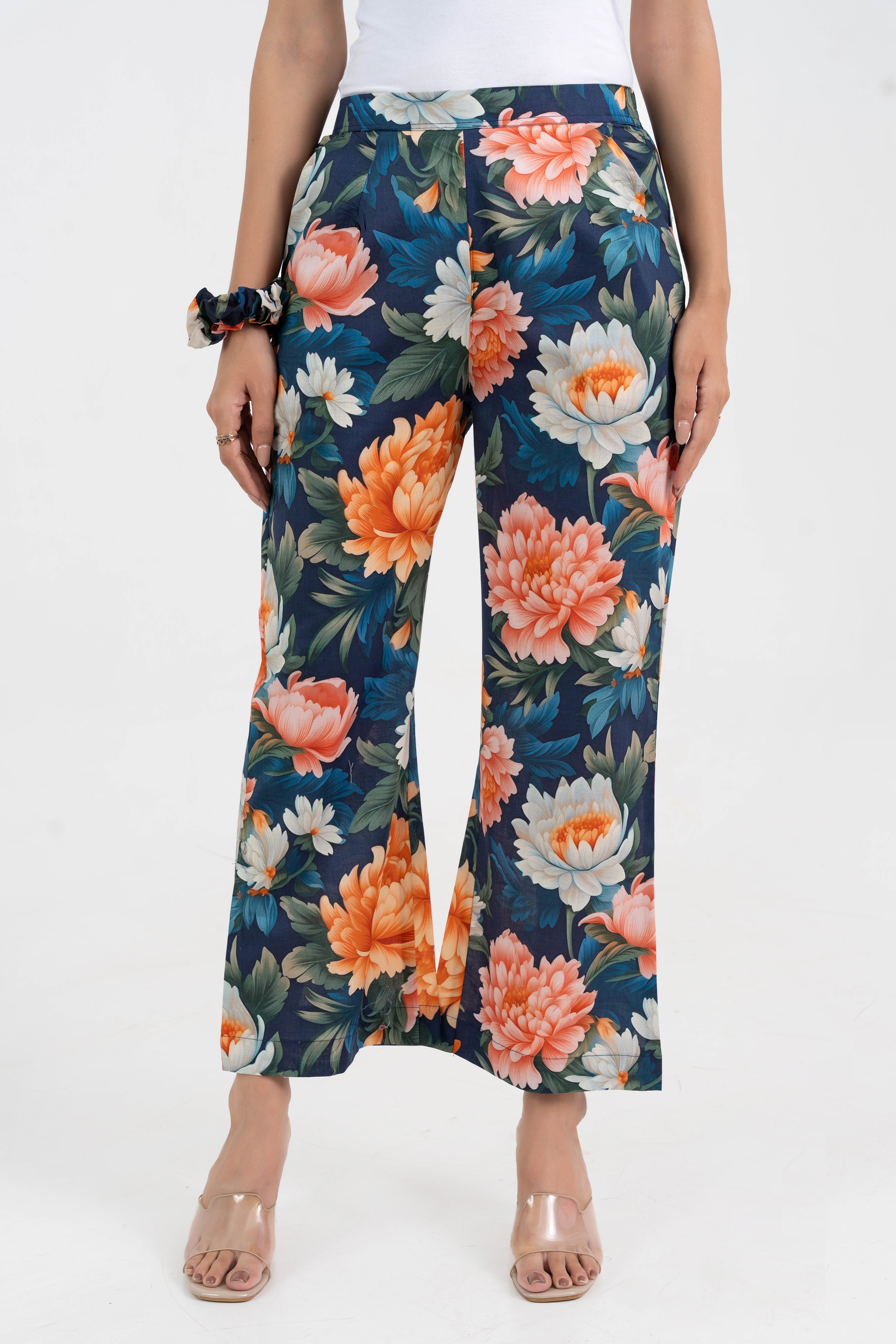 Navy Blue Bold Floral Printed Pure Cotton Pant GulaboSitabo