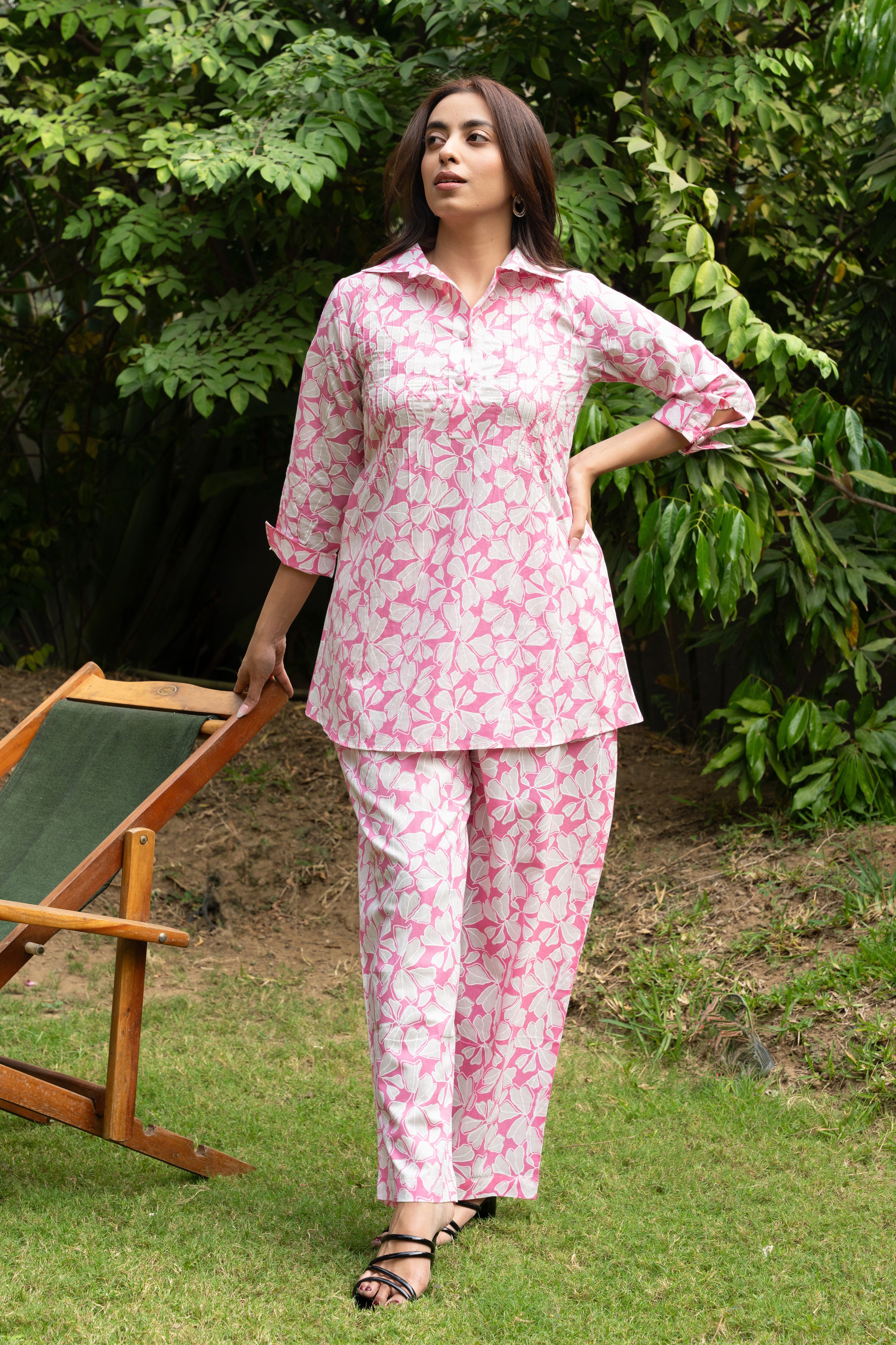 Pink Pin Tucks Pure Cotton Block Printed Co-ord Set GulaboSitabo