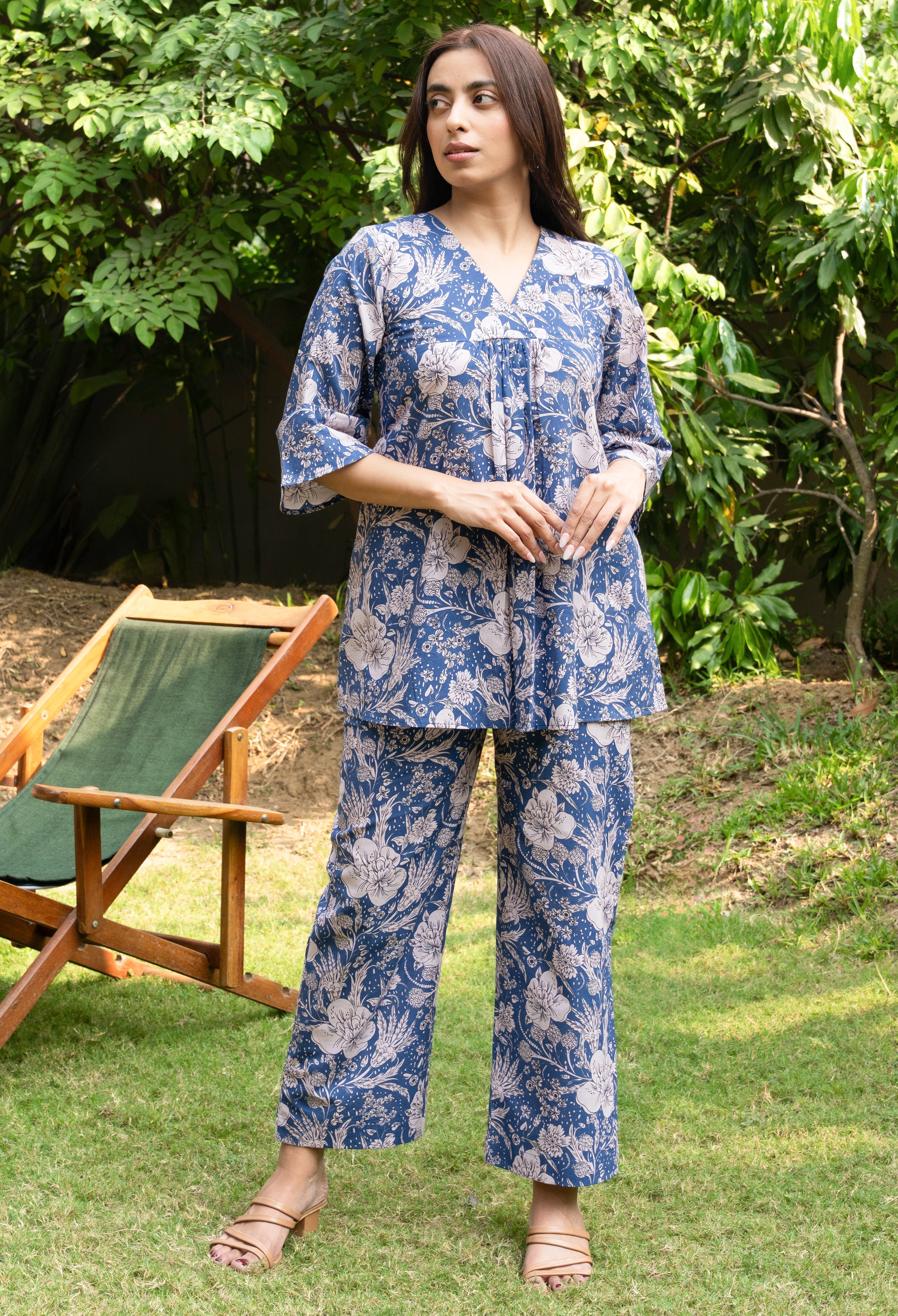 Blue Floral Printed Pure Cotton Block Printed Co-ord Set GulaboSitabo
