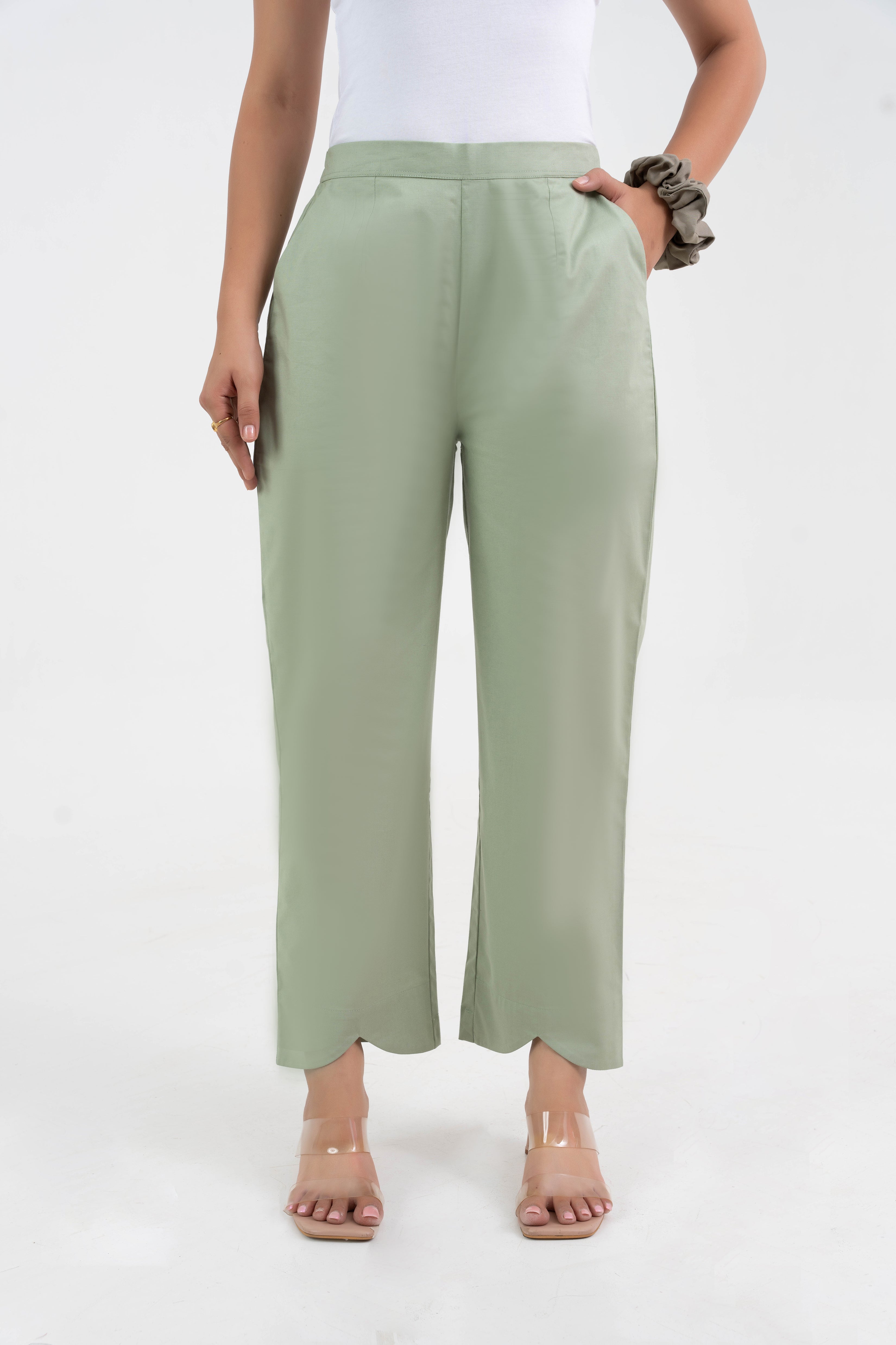 Pista Green Pure Cotton Solid Pant With Leaf Bottom GulaboSitabo