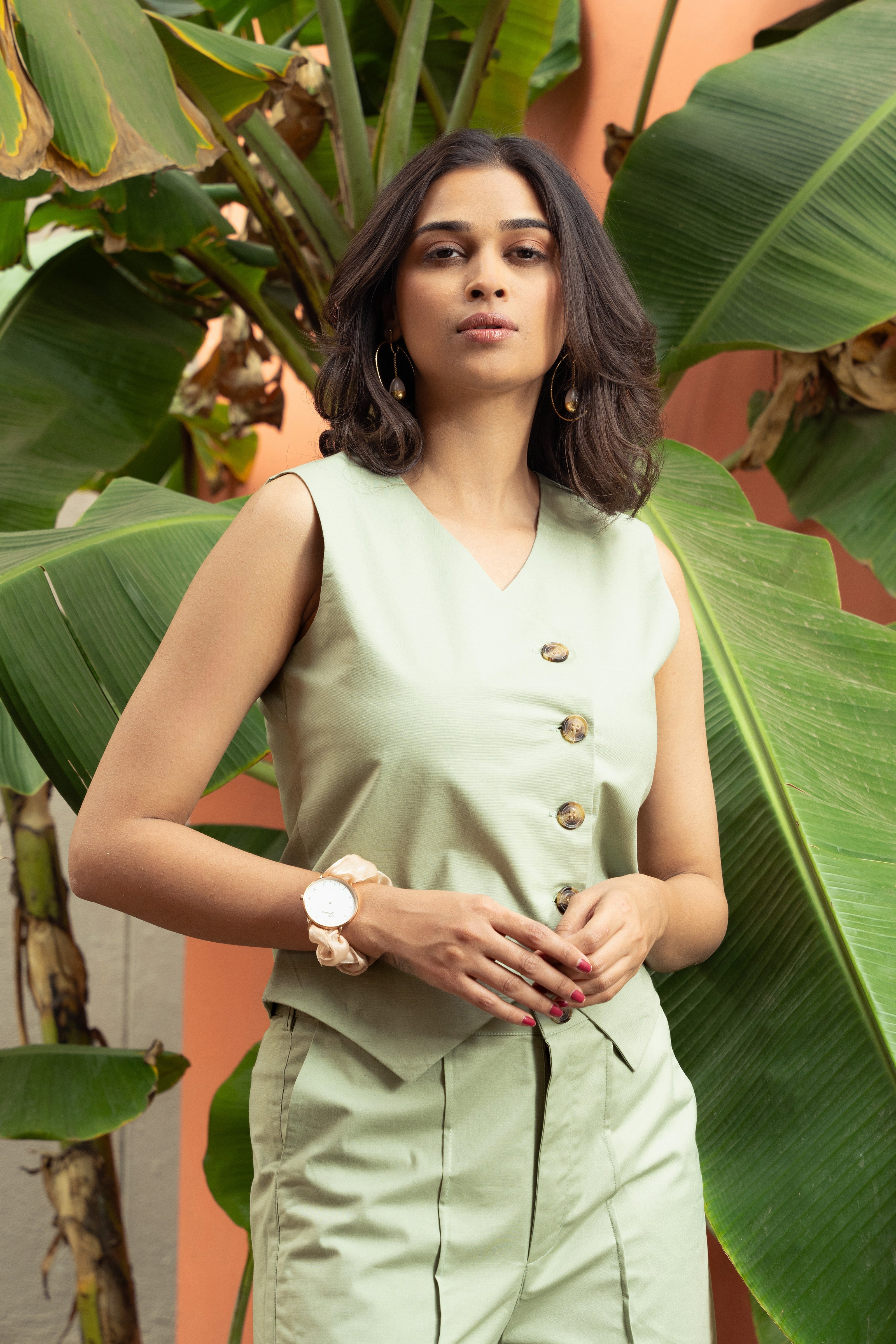 Pista Green Pure Cotton Vest Coat (Top) GulaboSitabo