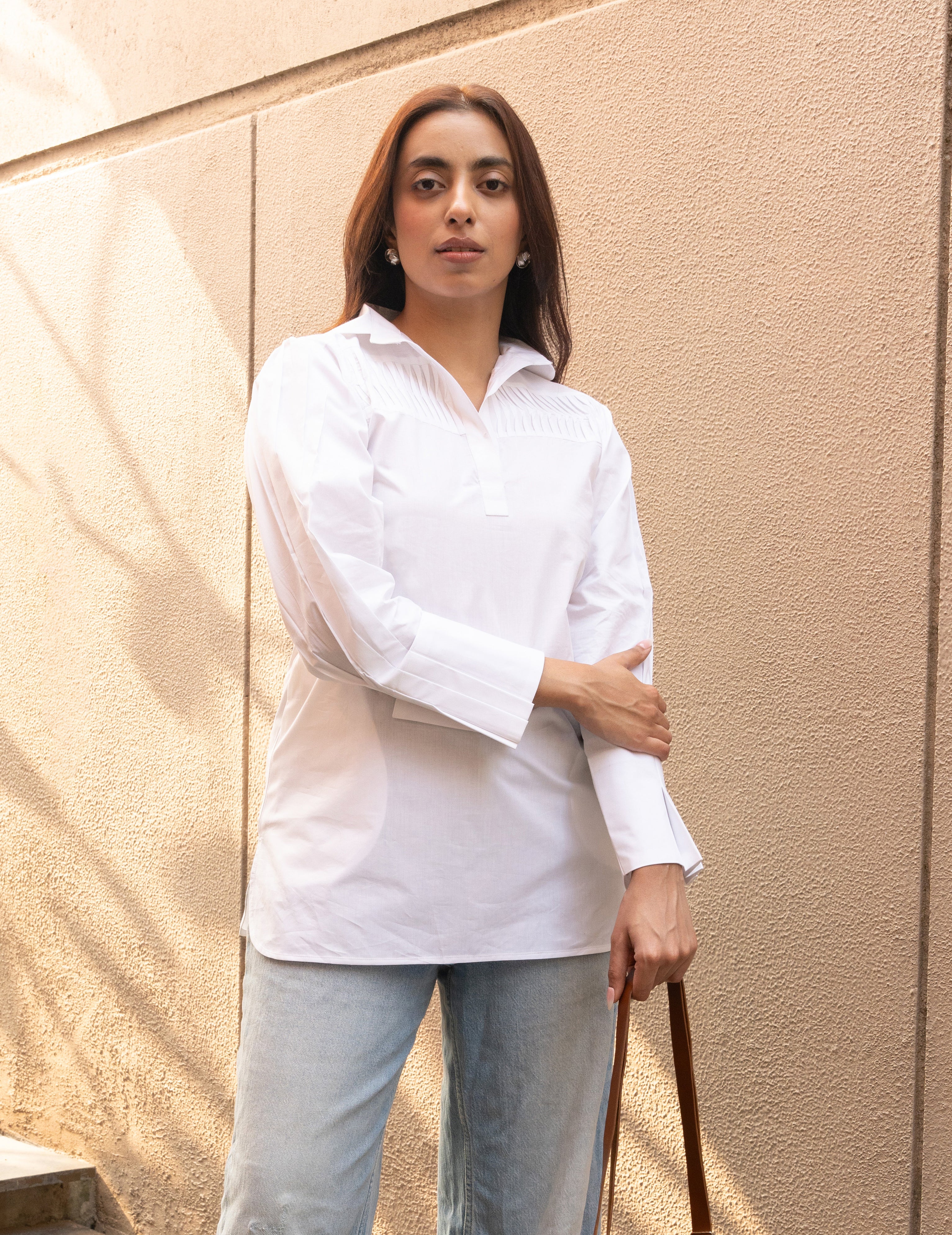White Pure Cotton Pleated Collar Neck Top with Stylised Sleeve GulaboSitabo