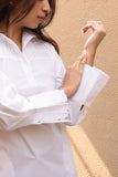 White Pure Cotton Pleated Collar Neck Top with Stylised Sleeve GulaboSitabo