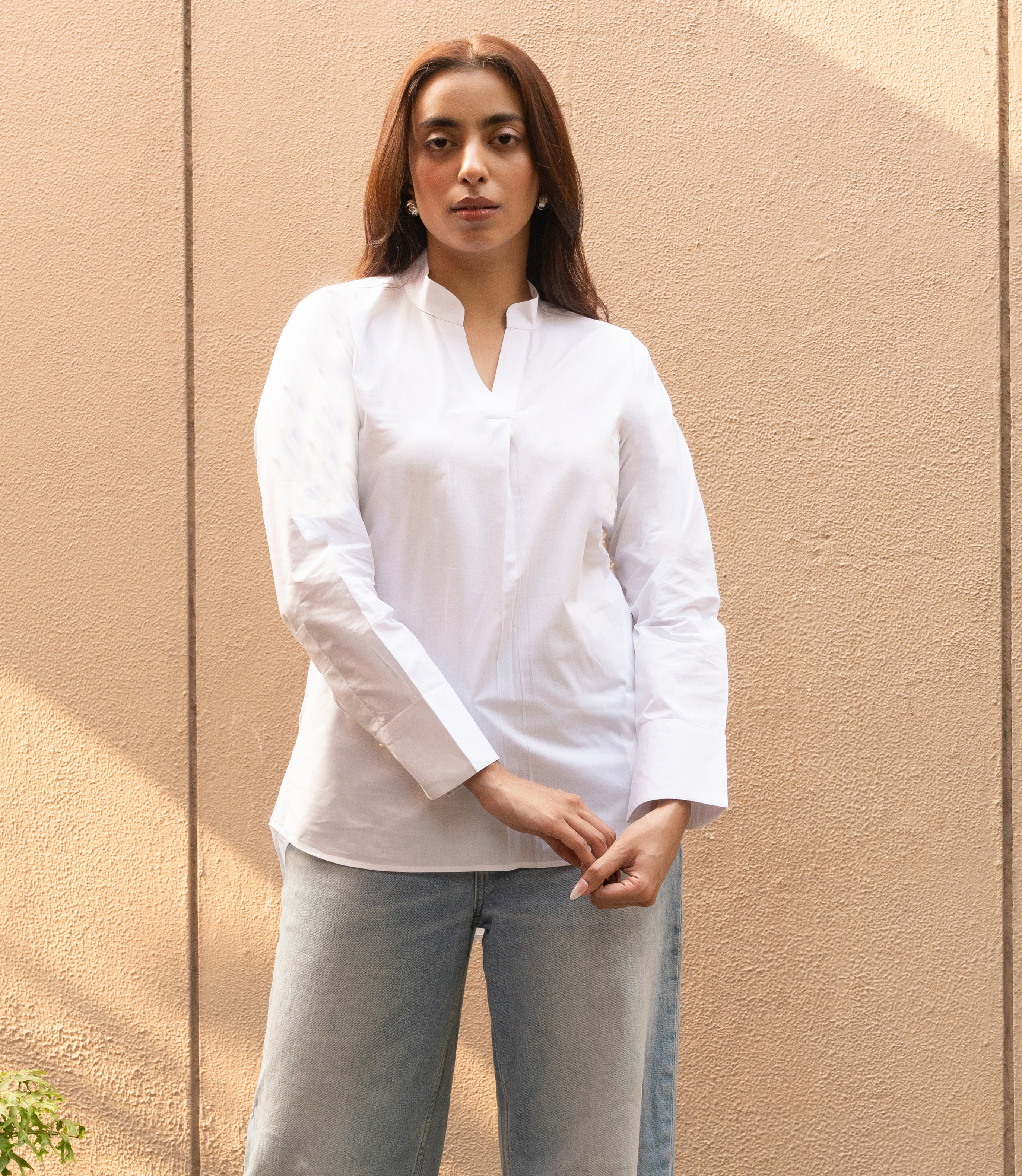 White Pure Cotton Mandarin Neck Top GulaboSitabo