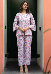 White Floral Cross Pattern Pure Cotton Floral Co-ord Set GulaboSitabo