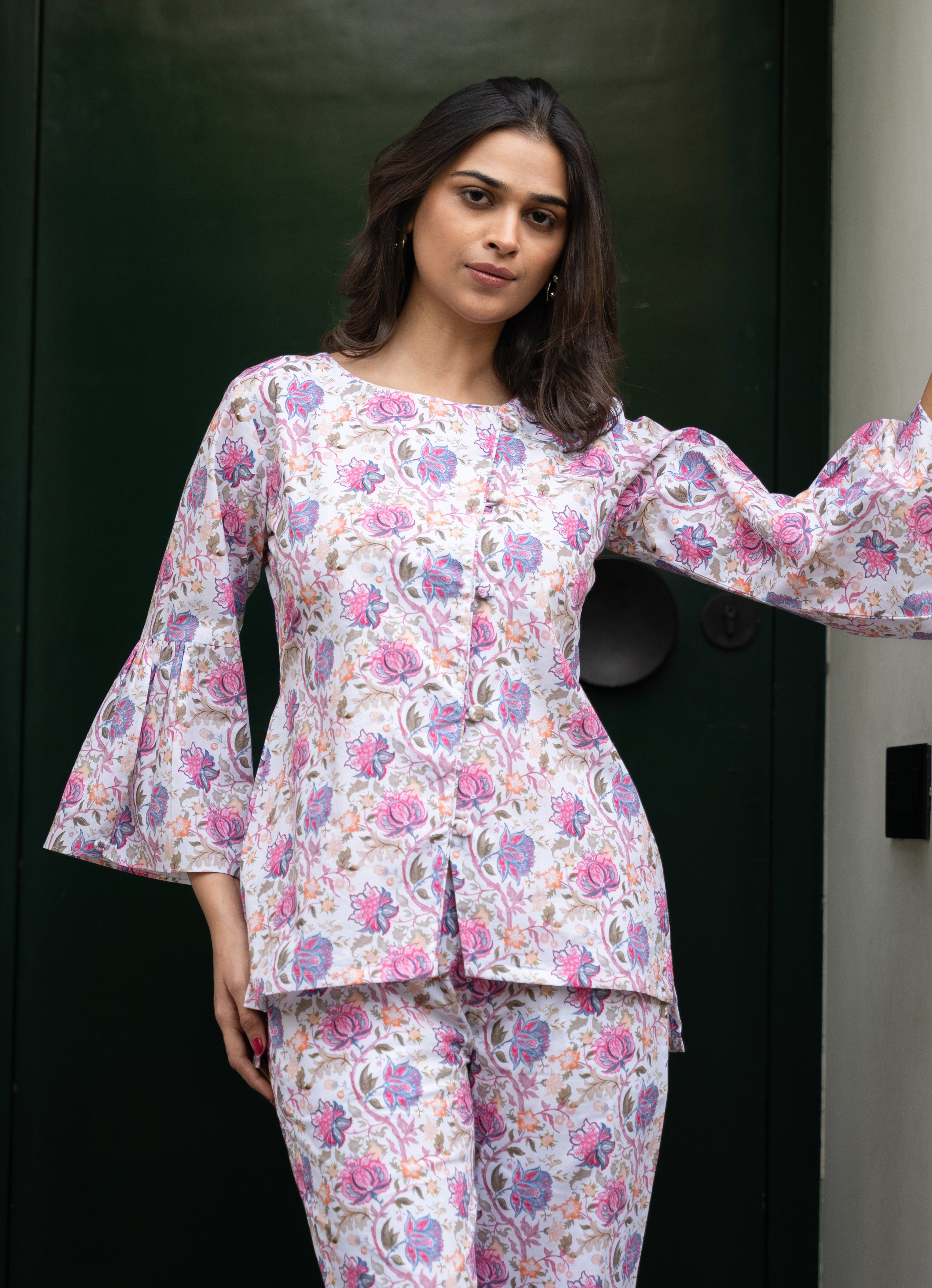 White Cross Pattern Pure Cotton Floral Pure Cotton Top GulaboSitabo