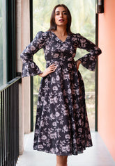 Slate Black Floral Printed Pure Cotton Dress GulaboSitabo