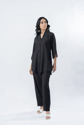 Black Shawl Collar Shirt with Curved Sleeves GulaboSitabo