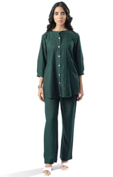 Green Pleated Band Collar Straight Fit Co-ord Set