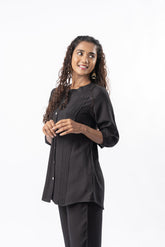 Black Pleated Band Collar Straight Fit Shirt GulaboSitabo