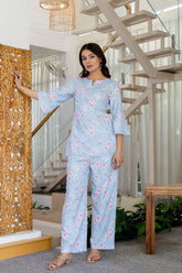 Light Blue Printed Floral Night Wear Co-ord set GulaboSitabo