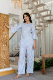 Light Blue Printed Floral Night Wear Co-ord set GulaboSitabo