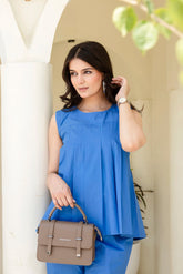 Pure Cotton Blue Pleated Sleeveless Co-ord Set GulaboSitabo