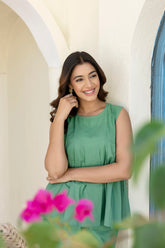 Pure Cotton Green Pleated Sleeveless Co-ord Set