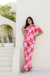Pink Petal Pop Printed Night Wear Co-ord set GulaboSitabo