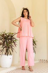 Pure Cotton Baby Pink Pleated Sleeveless Co-ord Set GulaboSitabo