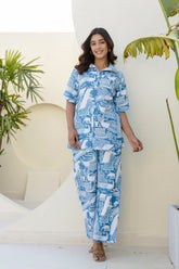 Pacific Blue Printed Night Wear Co-ord set GulaboSitabo