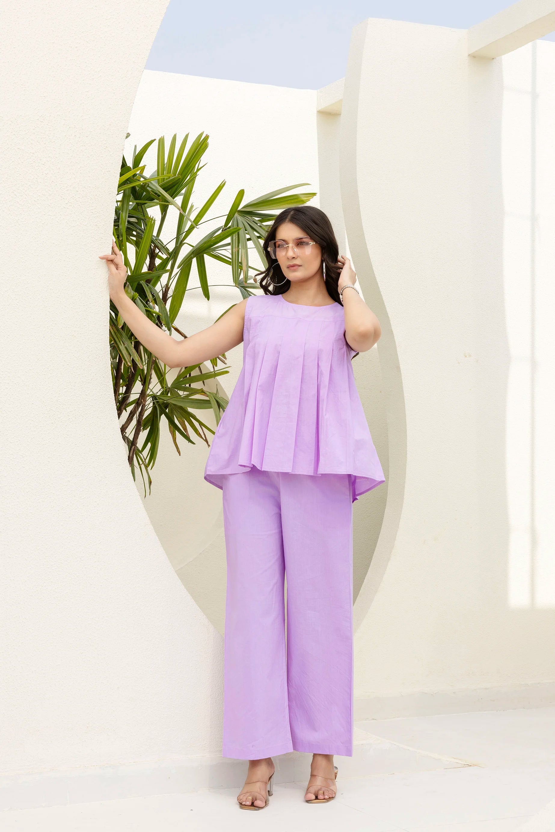 Pure Cotton Lavender Pleated Sleeveless Co-ord Set GulaboSitabo