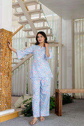 Light Blue Printed Floral Night Wear Co-ord set