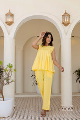 Pure Cotton Yellow Pleated Sleeveless Co-ord Set GulaboSitabo