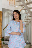Light Blue Printed Floral Night Wear Co-ord set GulaboSitabo