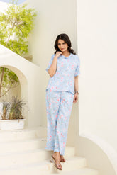 Light Blue Floral Printed Night Wear Co-ord set