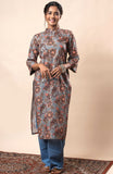 Grey Paisley Printed Pure Cotton Straight Kurta