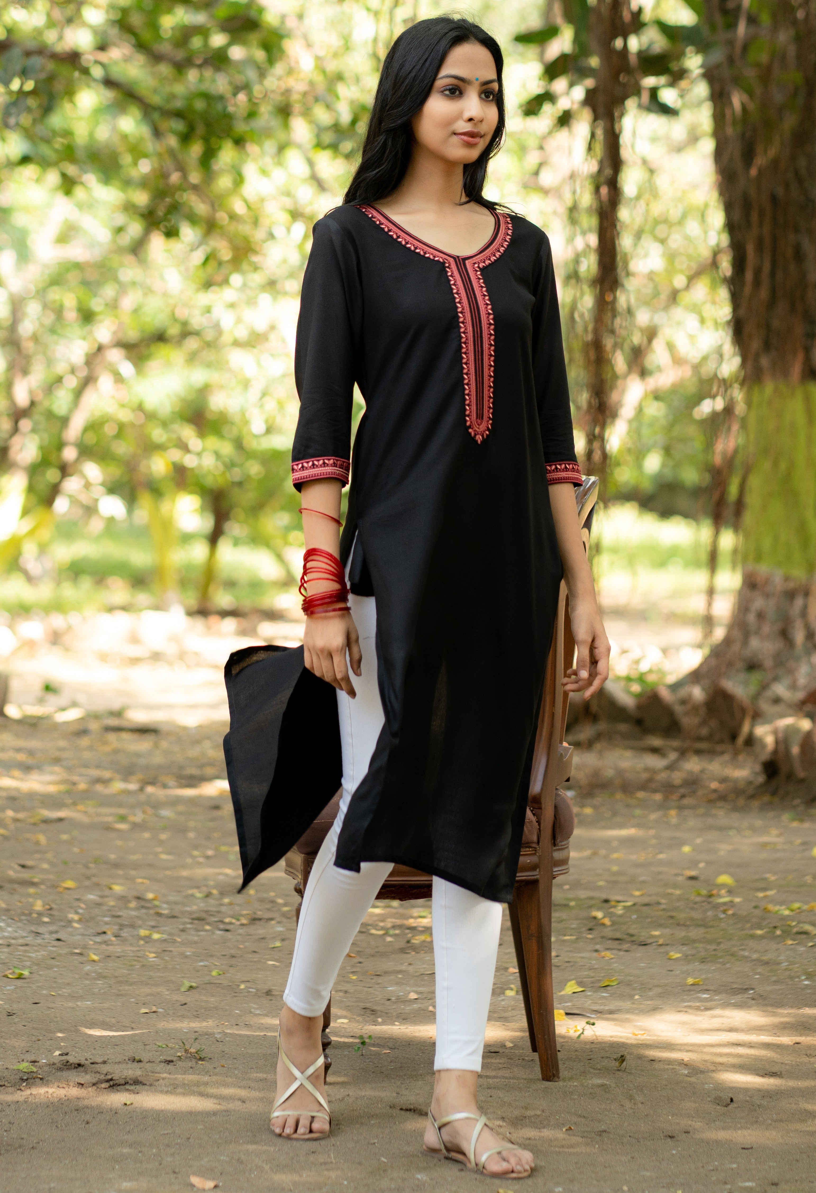 Black Straight Fit Kurti with Maroon Embroidered Neckline and Sleeves