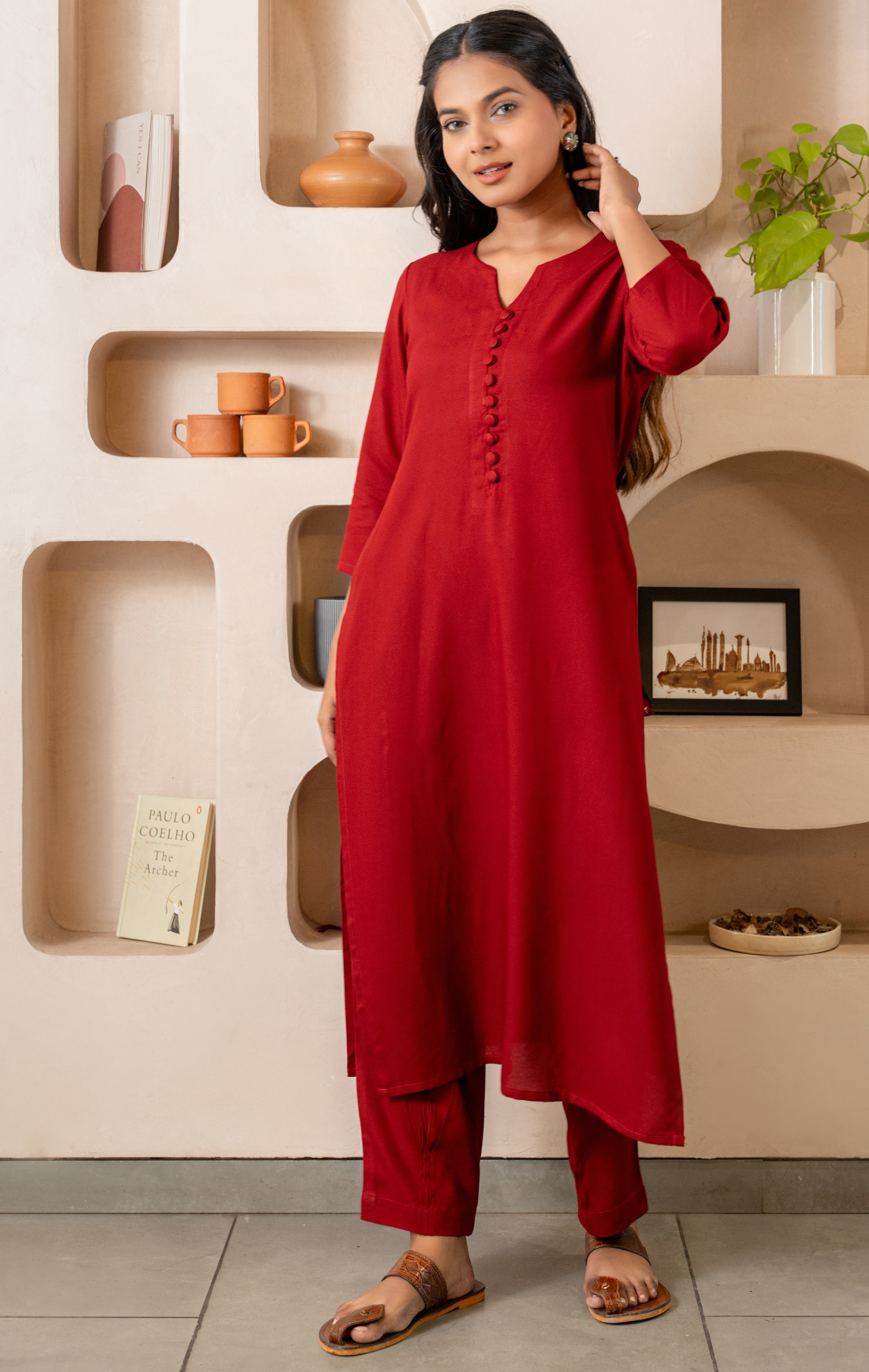 Maroon Notched Neck with Button Loops Straight Kurta