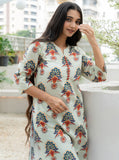 Off White Printed Floral Buti Notched Neck Kurti