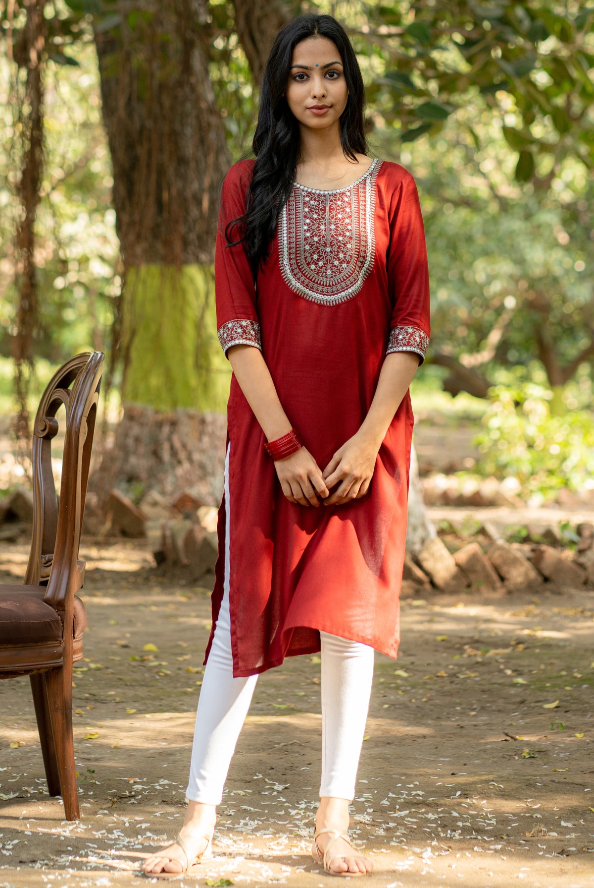 Maroon Straight Kurta with Mirror and Thread Embroidered Neckline and Sleeve