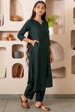 Green Notched Neck with Button Loops Straight Kurta