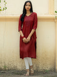 Maroon Straight Kurta with Tone Embroidered Neckline and Sleeve