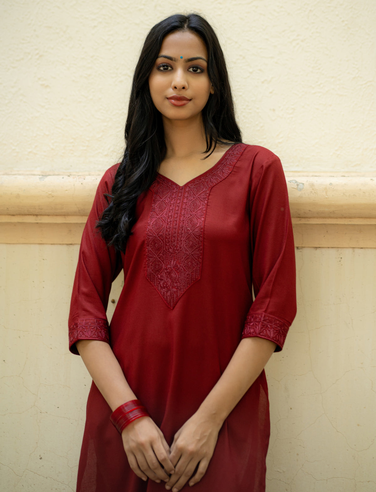 Maroon Straight Kurta with Tone Embroidered Neckline and Sleeve