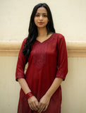 Maroon Straight Kurta with Tone Embroidered Neckline and Sleeve