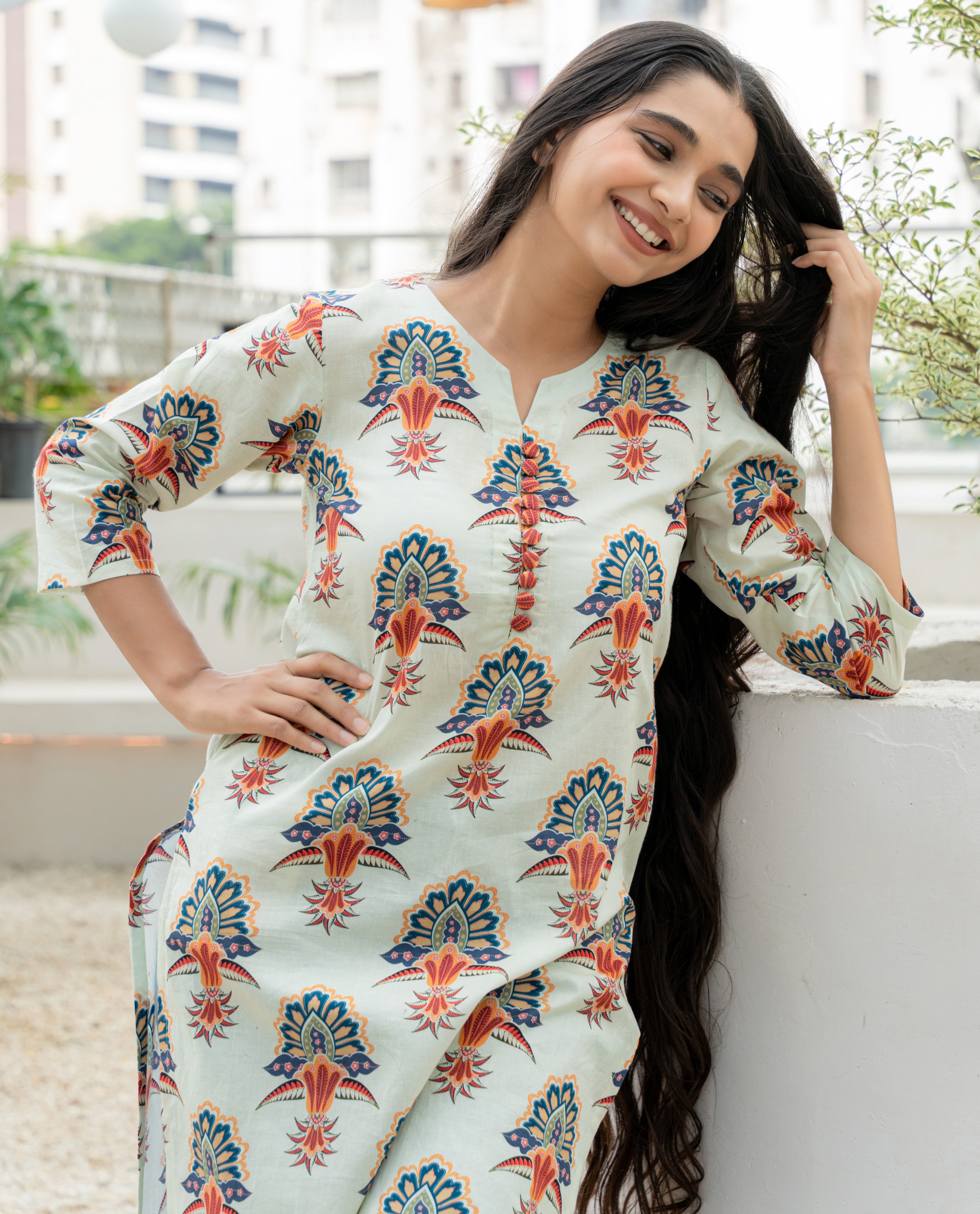 Off White Printed Floral Buti Notched Neck Kurti