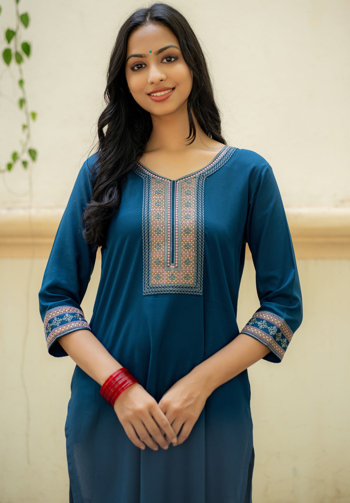 Sapphire Kurti with Embroidered Neckline and Sleeves