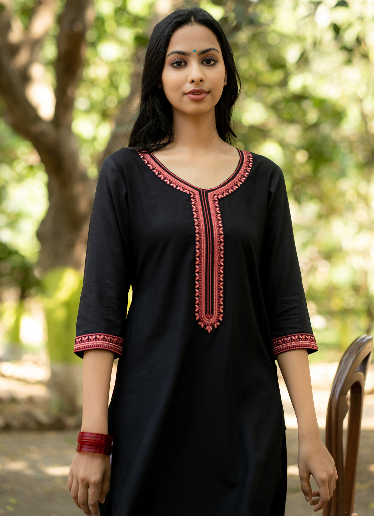 Black Straight Fit Kurti with Maroon Embroidered Neckline and Sleeves