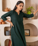 Green Notched Neck with Button Loops Straight Kurta