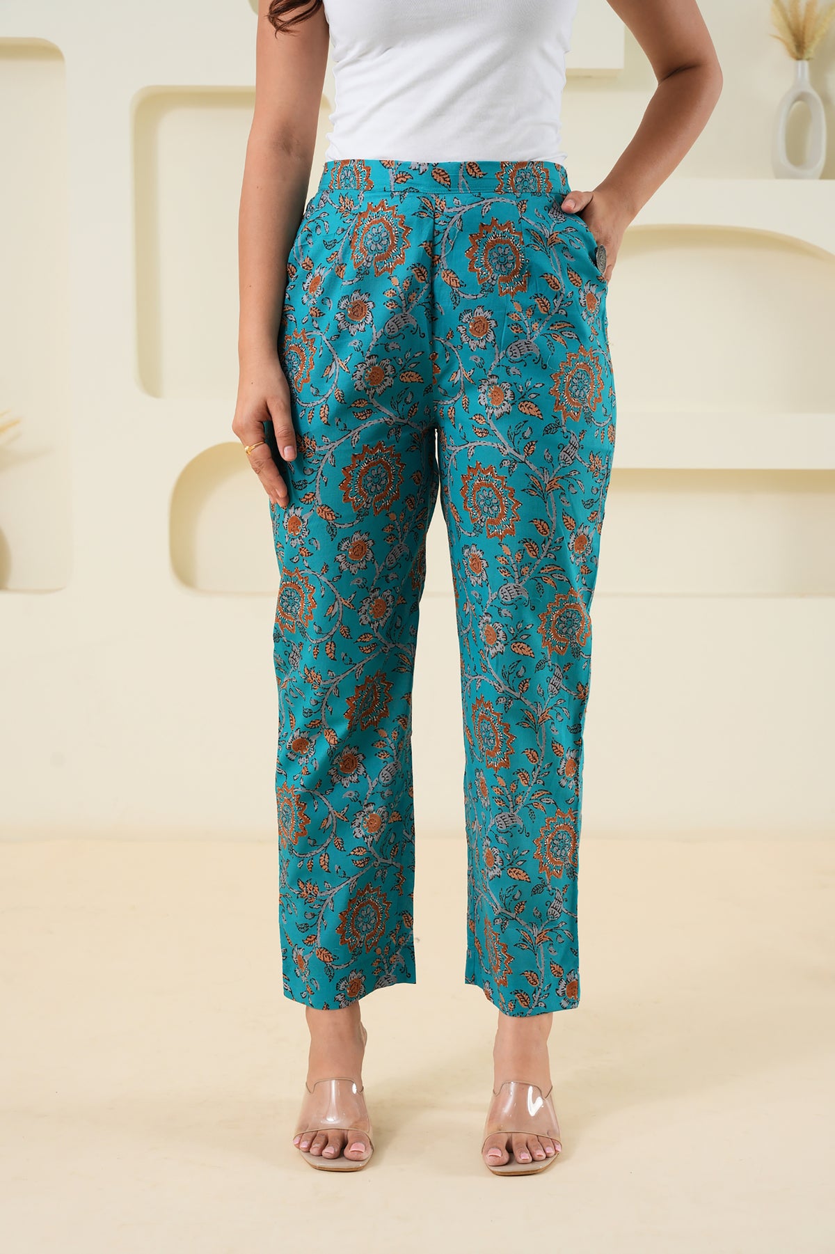 Cyan Block Printed Pure Cotton Pant