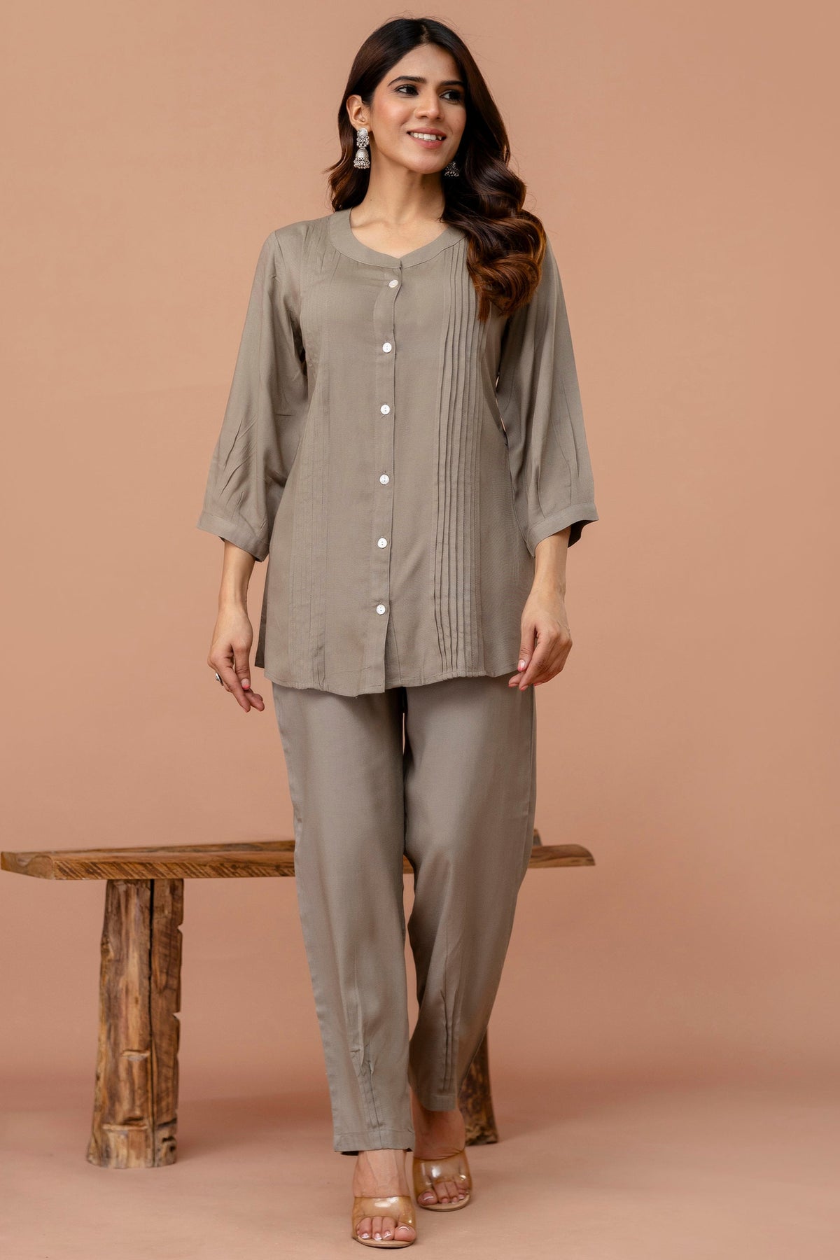 Light Mocha Pleated Band Collar Straight Fit Co-ord Set