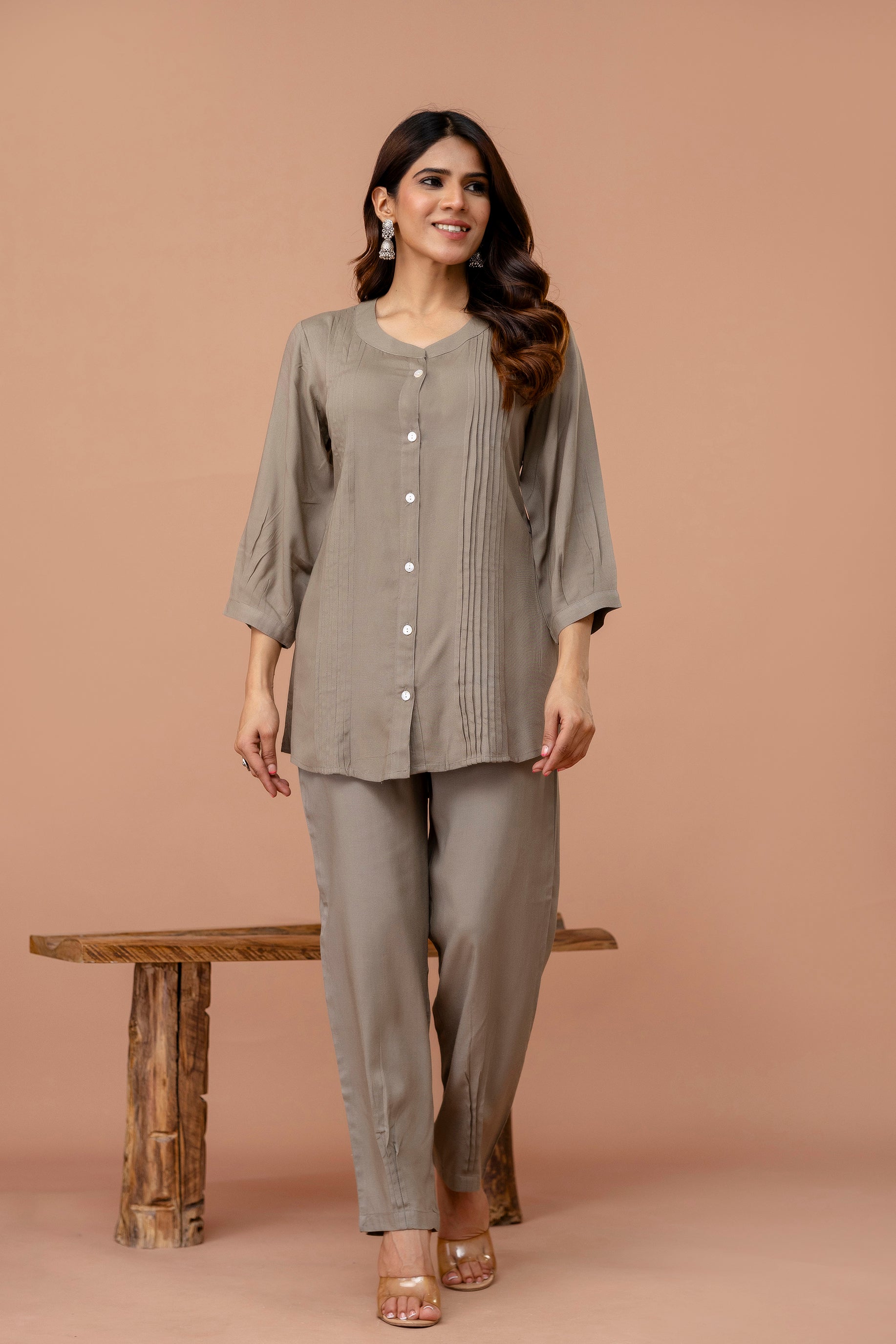 Light Mocha Pleated Band Collar Straight Fit Co-ord Set