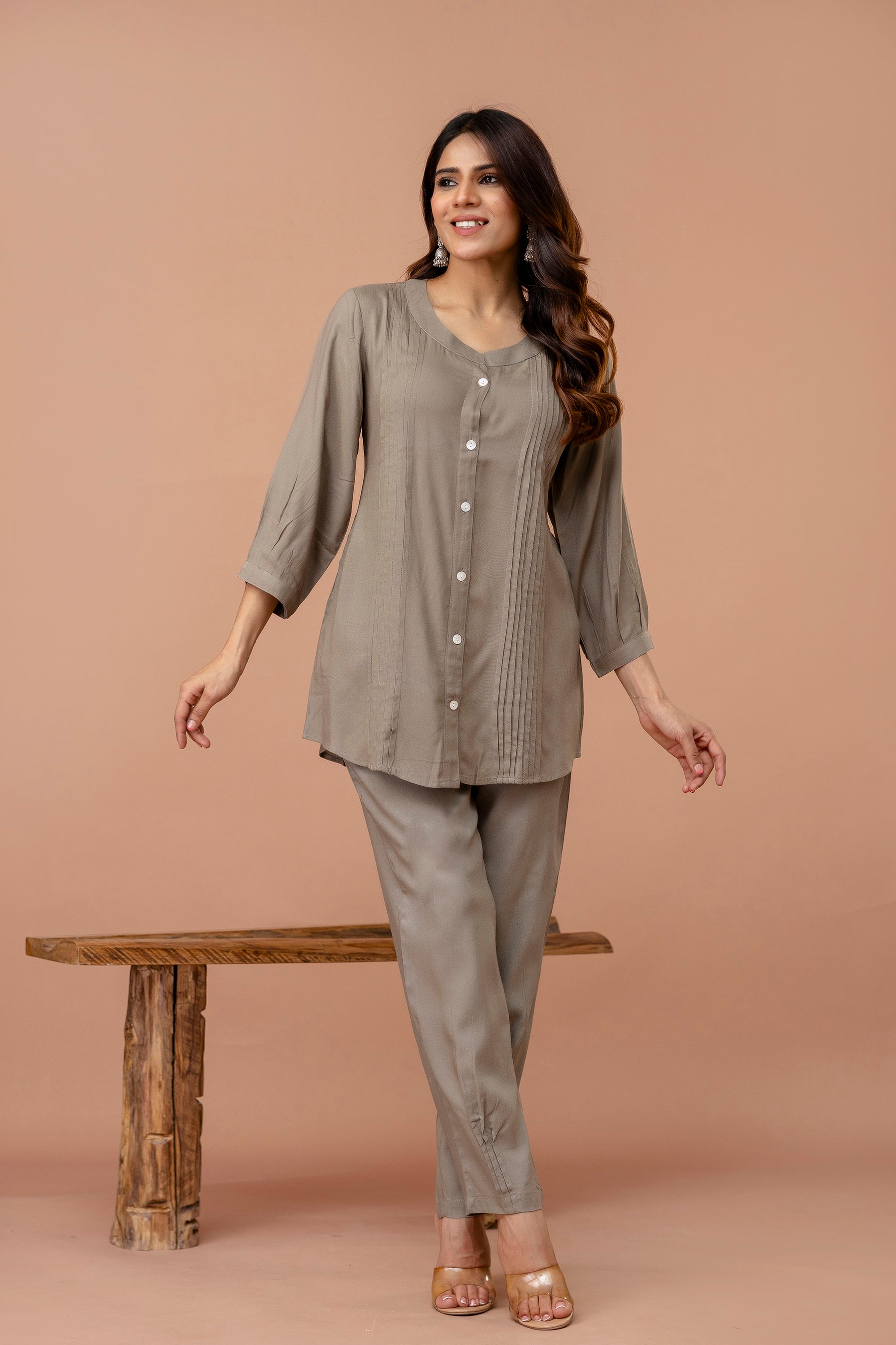 Light Mocha Pleated Band Collar Straight Fit Co-ord Set