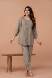 Light Mocha Pleated Band Collar Straight Fit Co-ord Set