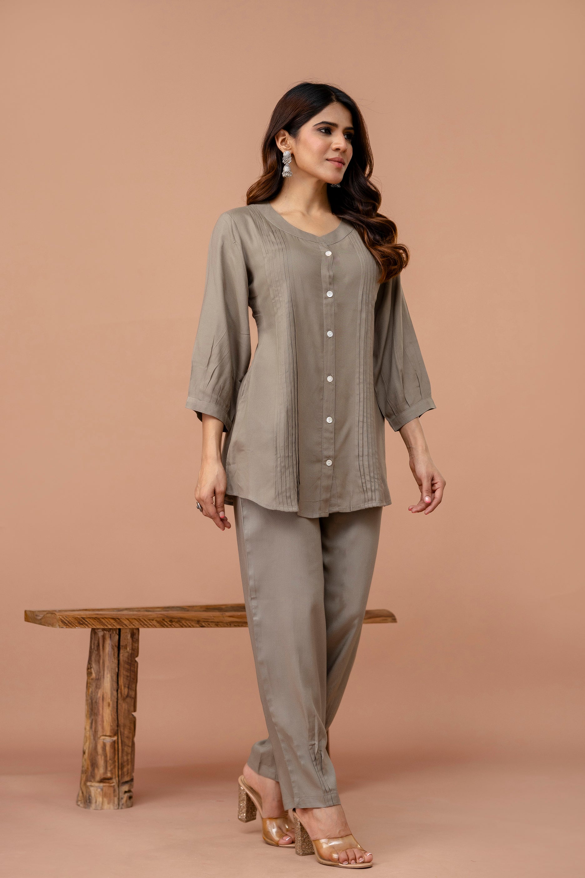 Light Mocha Pleated Band Collar Straight Fit Co-ord Set