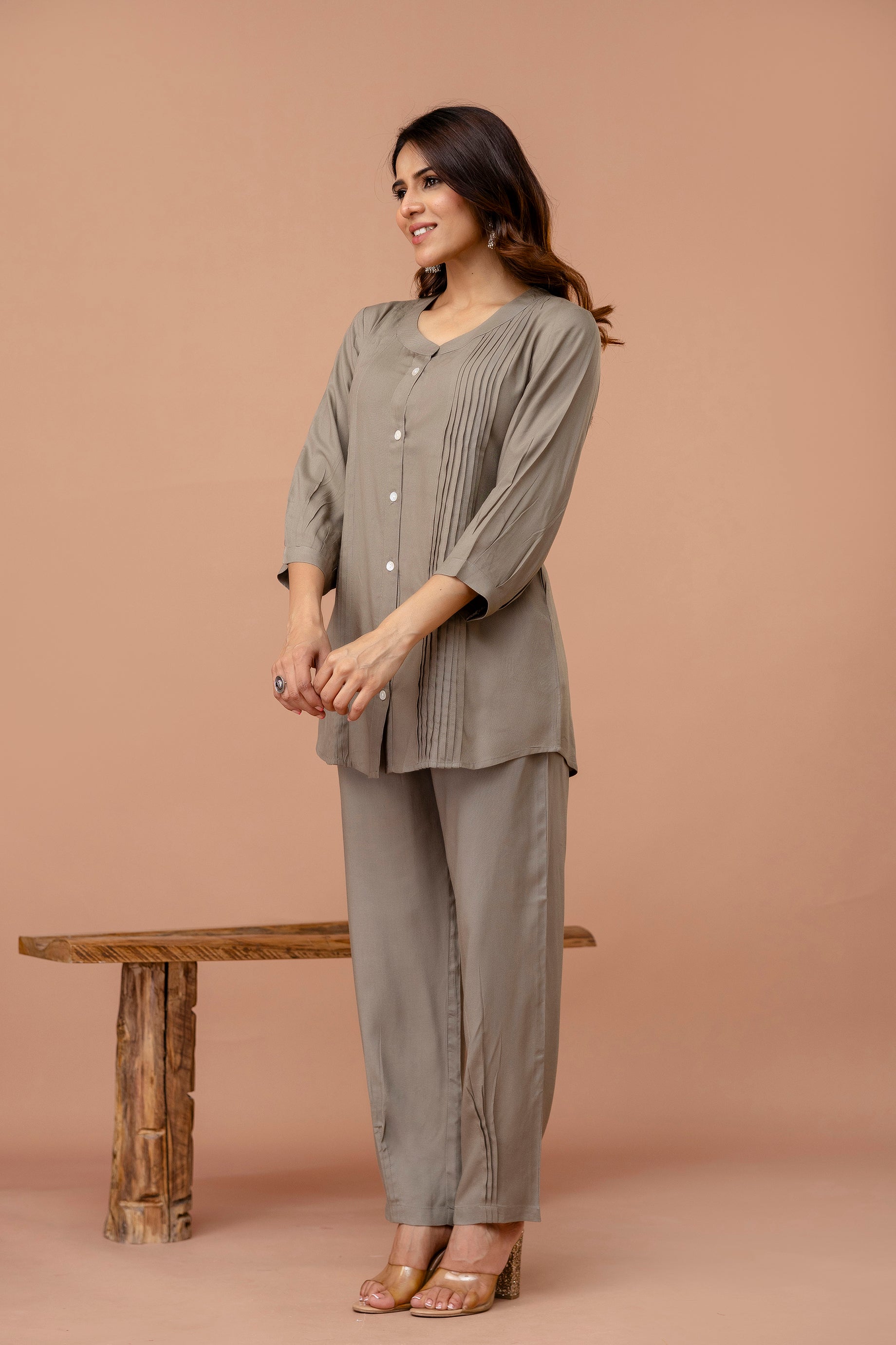 Light Mocha Pleated Band Collar Straight Fit Co-ord Set