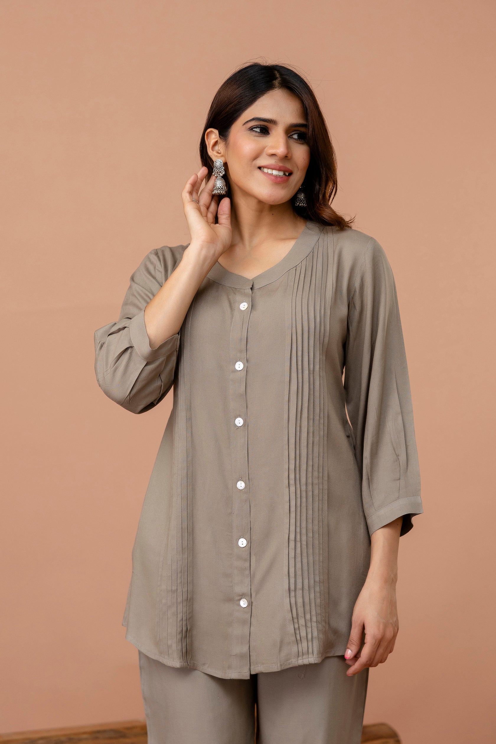 Light Mocha Pleated Band Collar Straight Fit Co-ord Set