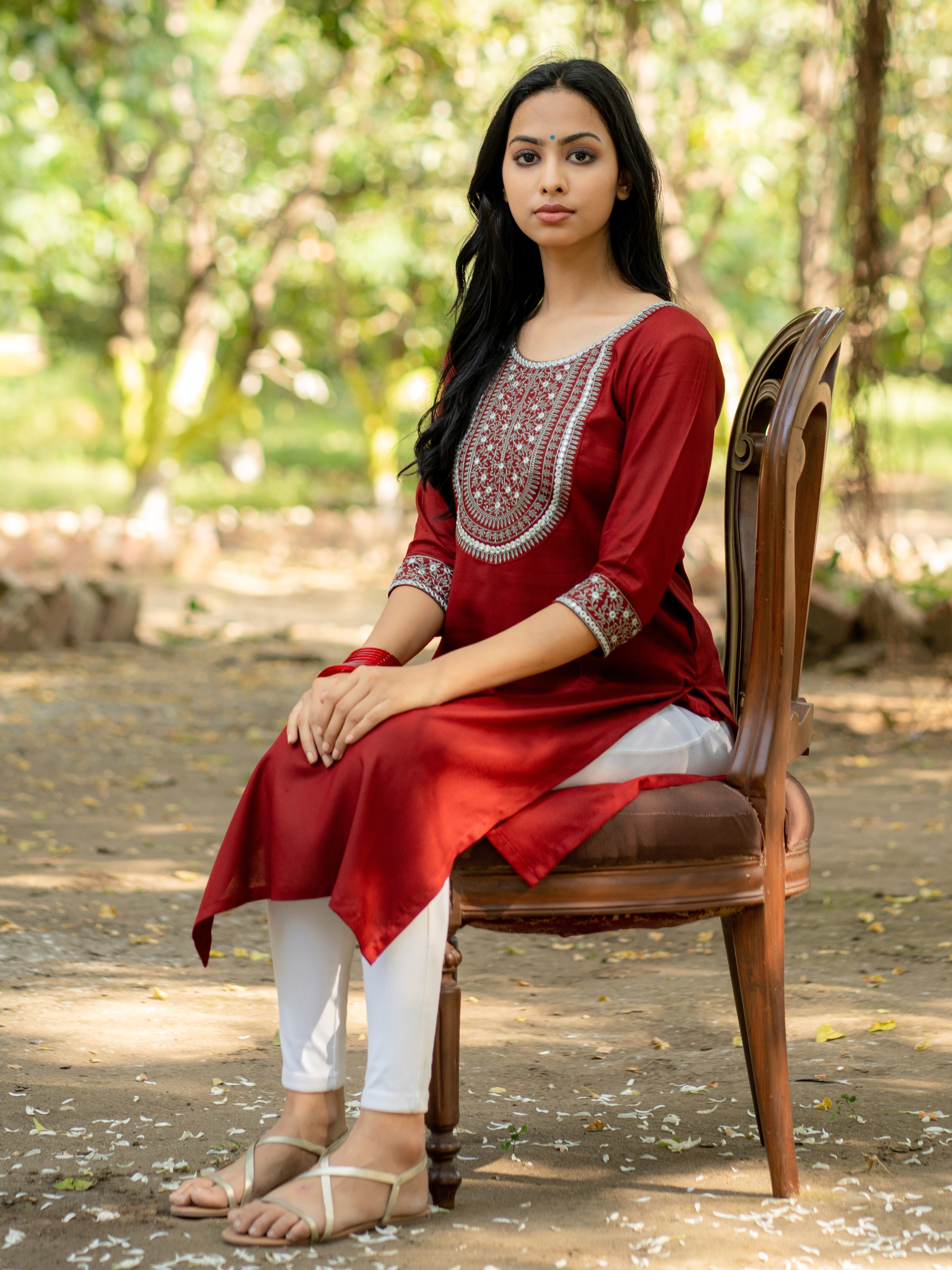 Maroon Straight Kurta with Mirror and Thread Embroidered Neckline and Sleeve